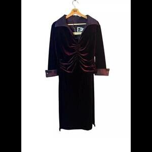 👠🧥💜Tadashi Shoji Purple Ruched Velvet Top & Maxi Skirt Set Size PM EUC